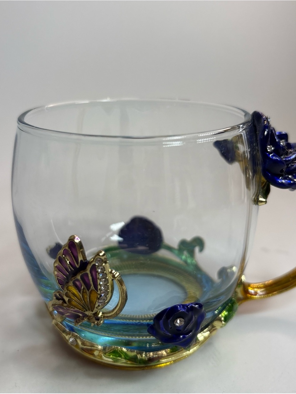 ARC Glass Blue Enamel Butterfly Coffee Mug Tea Cup Blue Rose Gold Tone Handle